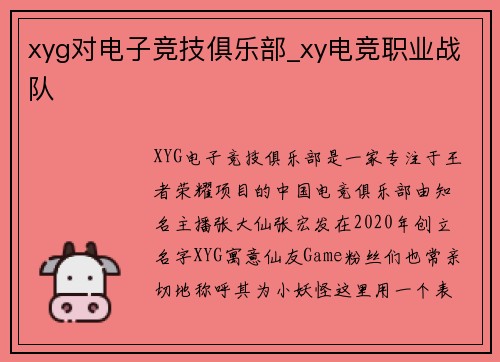 xyg对电子竞技俱乐部_xy电竞职业战队